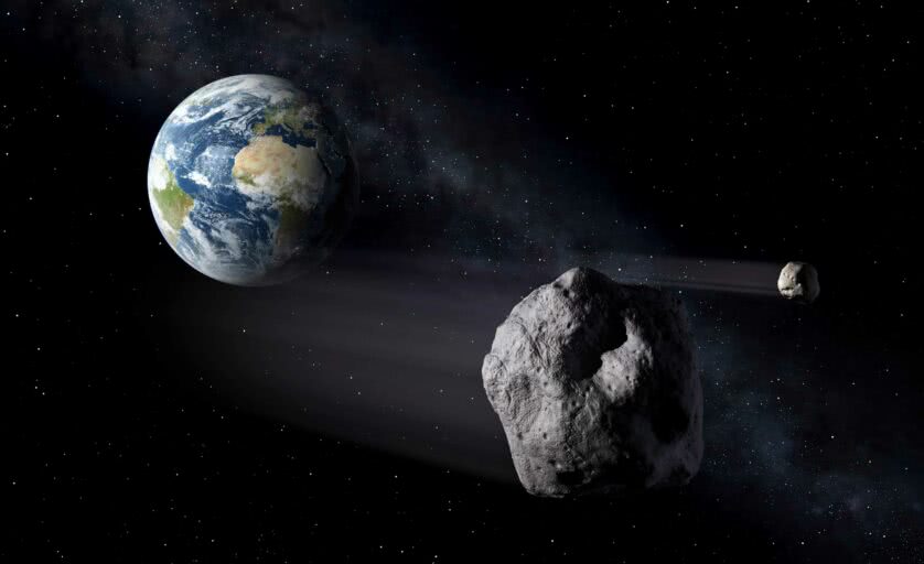 Uma ilustração artística de asteroides zunindo pela Terra. (Peter Carril/ESA)