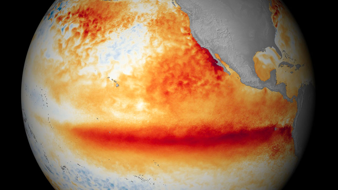 Na imagem de satélite, as cores laranja e vermelha indicam temperaturas superiores à média no oceano Pacífico, típicas do El Niño
(Imagem: Noaa)
