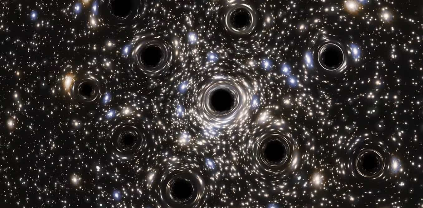 Representação artística de uma concentração de pequenos buracos negros no centro da galáxia NGC 6397. (ESA/Hubble, N. Bartmann. , CC BY-SA)