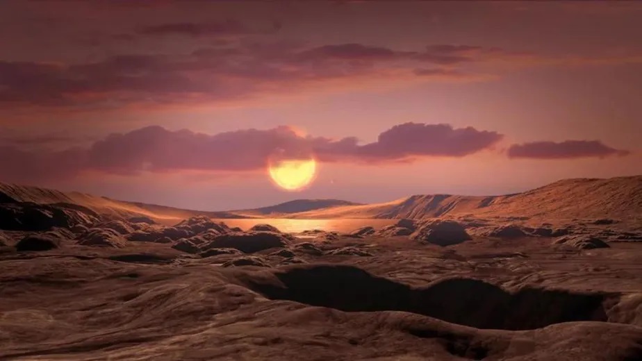 Concepção artística de um exoplaneta rochoso orbitando uma estrela anã vermelha (NASA/Ames Research Center/Daniel Rutter)