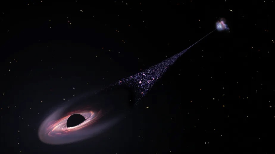 mpressão artística de um buraco negro supermassivo que foi ejetado de sua galáxia hospedeira como resultado de uma disputa entre ele e dois outros buracos negros. À medida que o buraco negro atravessa o espaço intergaláctico, ele comprime um gás tênue à sua frente (Foto: NASA, ESA, CSA, L. Hustak (STScI))