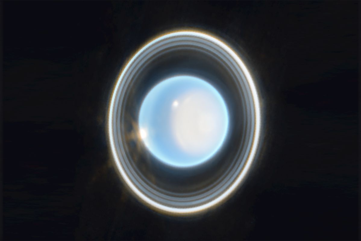 Imagem ampliada de Urano, capturada pela câmera infravermelha de Webb (NIRCam) em 6 de fevereiro de 2023, revela vistas deslumbrantes dos anéis do planeta. (Créditos: NASA, ESA, CSA, STScI. Processamento de imagem: J. DePasquale (STScI))