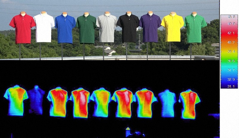 Nesta foto fornecida pelo Instituto Nacional de Estudos Ambientais, camisas pólo são vistas ao sol durante um experimento para determinar as diferentes temperaturas da superfície dependendo da cor. A partir da esquerda, as nove cores são vermelho, branco, azul, verde escuro, cinza, preto, roxo, amarelo e verde.