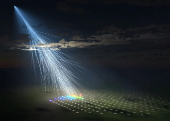 Uma ilustração artística do raio cósmico extremamente energético observado pela Telescope Array Collaboration liderada pela Universidade de Utah (EUA) e pela Universidade de Tóquio. Foi chamada de “partícula Amaterasu”. (Crédito: Universidade Metropolitana de Osaka/L-INSIGHT, Universidade de Kyoto/Ryuunosuke Takeshige)