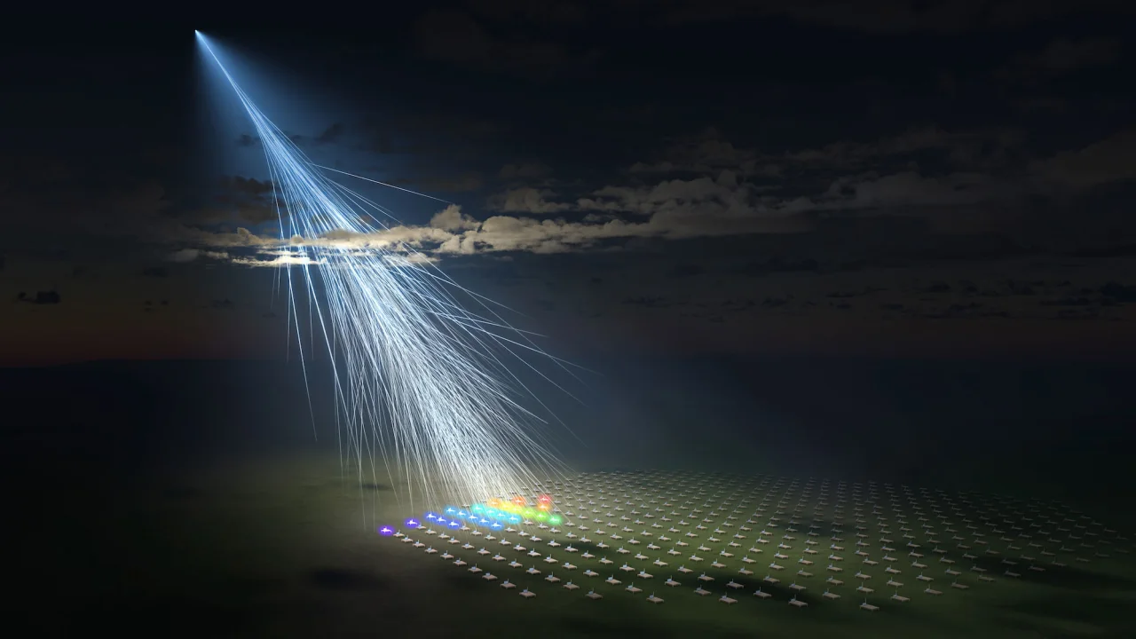Uma ilustração artística do raio cósmico extremamente energético observado pela Telescope Array Collaboration liderada pela Universidade de Utah (EUA) e pela Universidade de Tóquio. Foi chamada de “partícula Amaterasu”. (Crédito: Universidade Metropolitana de Osaka/L-INSIGHT, Universidade de Kyoto/Ryuunosuke Takeshige)