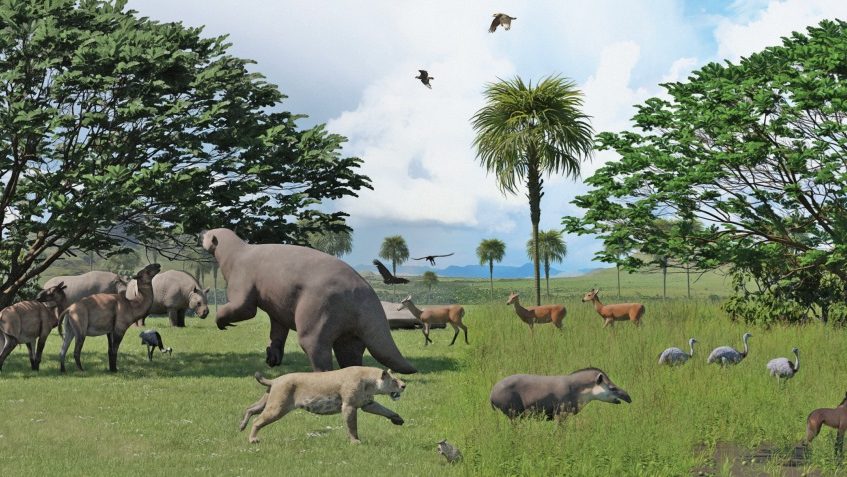 Arte produzida pelo grupo de pesquisa da Unicamp ilustra os períodos geológicos do Pleistoceno (ESQ.) e do Holoceno (DIR.), período pós-extinção dos grandes mamíferos