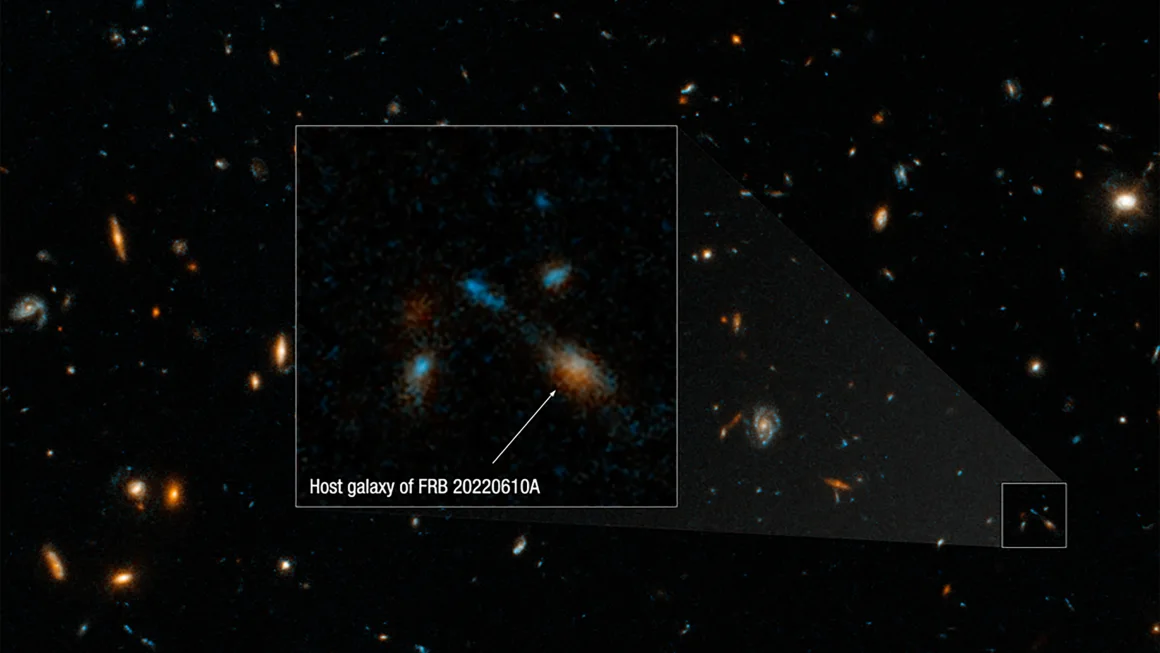 Os astrônomos usaram o Telescópio Espacial Hubble para rastrear uma rápida explosão de rádio até um grupo compacto de pelo menos sete galáxias. (Space Telescope Science Institute)