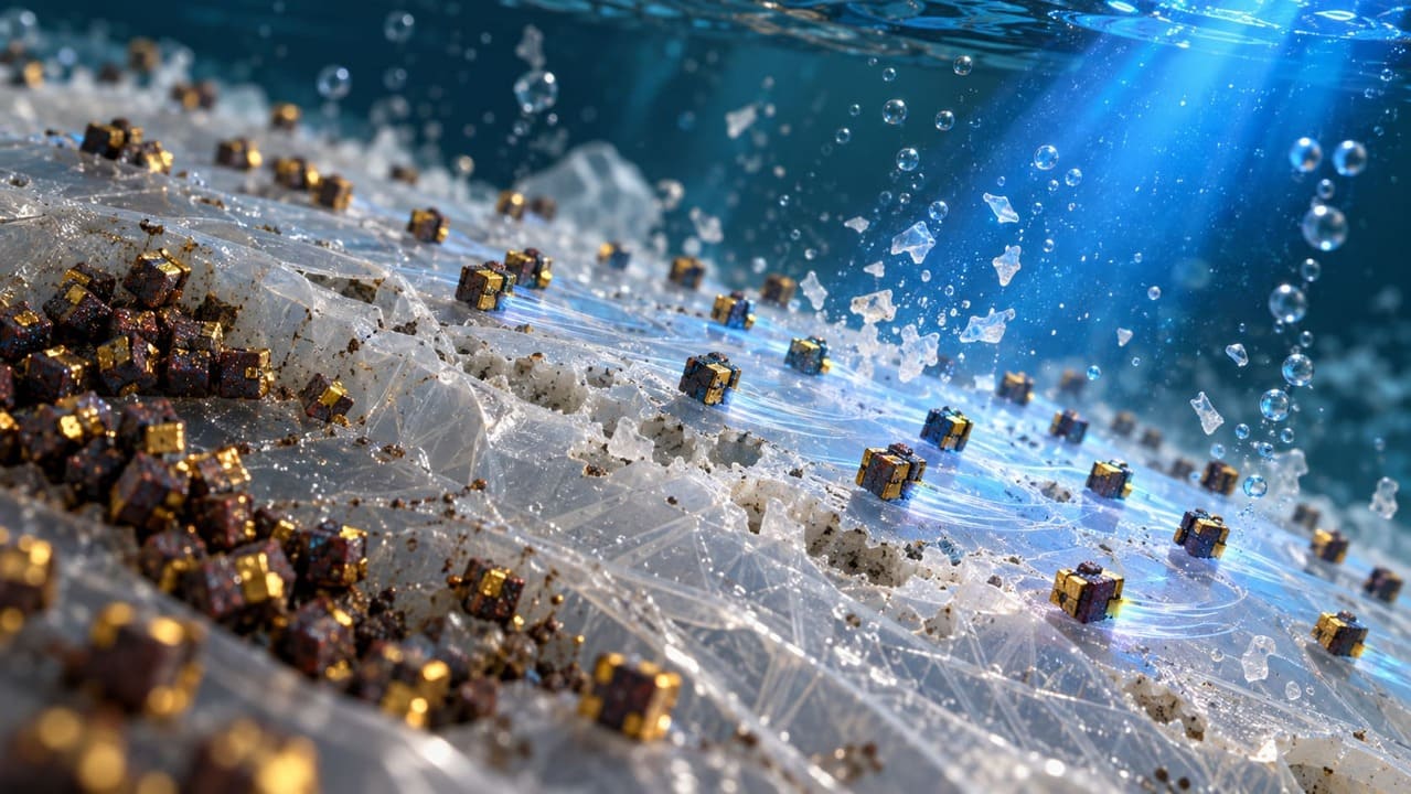 Microrrobôs movidos por luz ajudam a degradar plástico na água, mostra estudo 1 Microrrobôs bio-híbridos mudam de organização quando expostos à luz azul, aumentando o contato com a superfície do plástico durante o experimento. (Imagem ilustrativa gerada por IA)