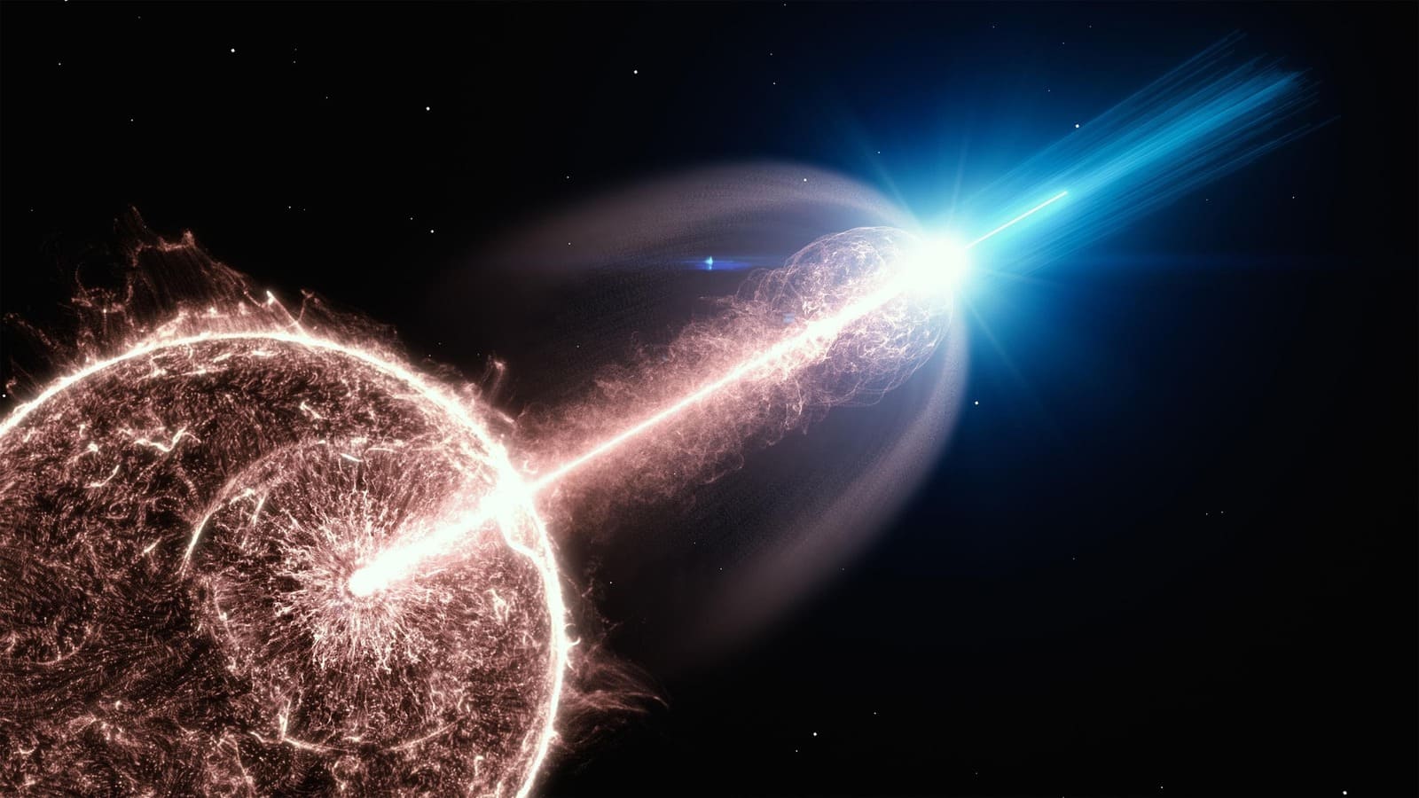 Simulacao artistica de uma explosao de raios gama